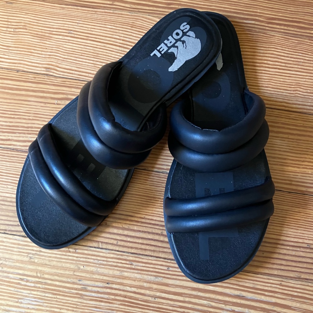 NWOB Sorel Ella Il Leather Puff Slide in Black/Sea Salt Sz 9. - Picture 4 of 11